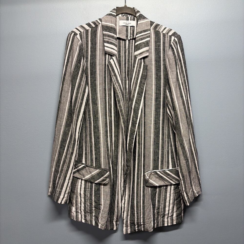 Carley Jean White/Grey/Black Vertical Striped Blazer/Jacket - 100% Linen/Medium